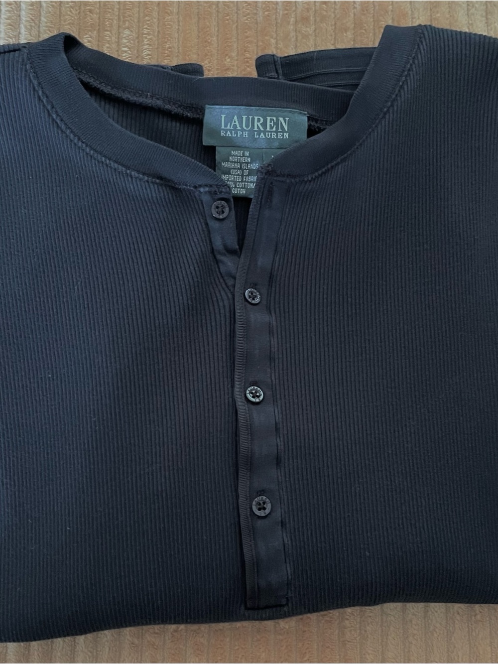 Lauren Ralph Lauren Black Ribbed Cotton Henley Long Sleeve Top XL - Picture 7 of 8